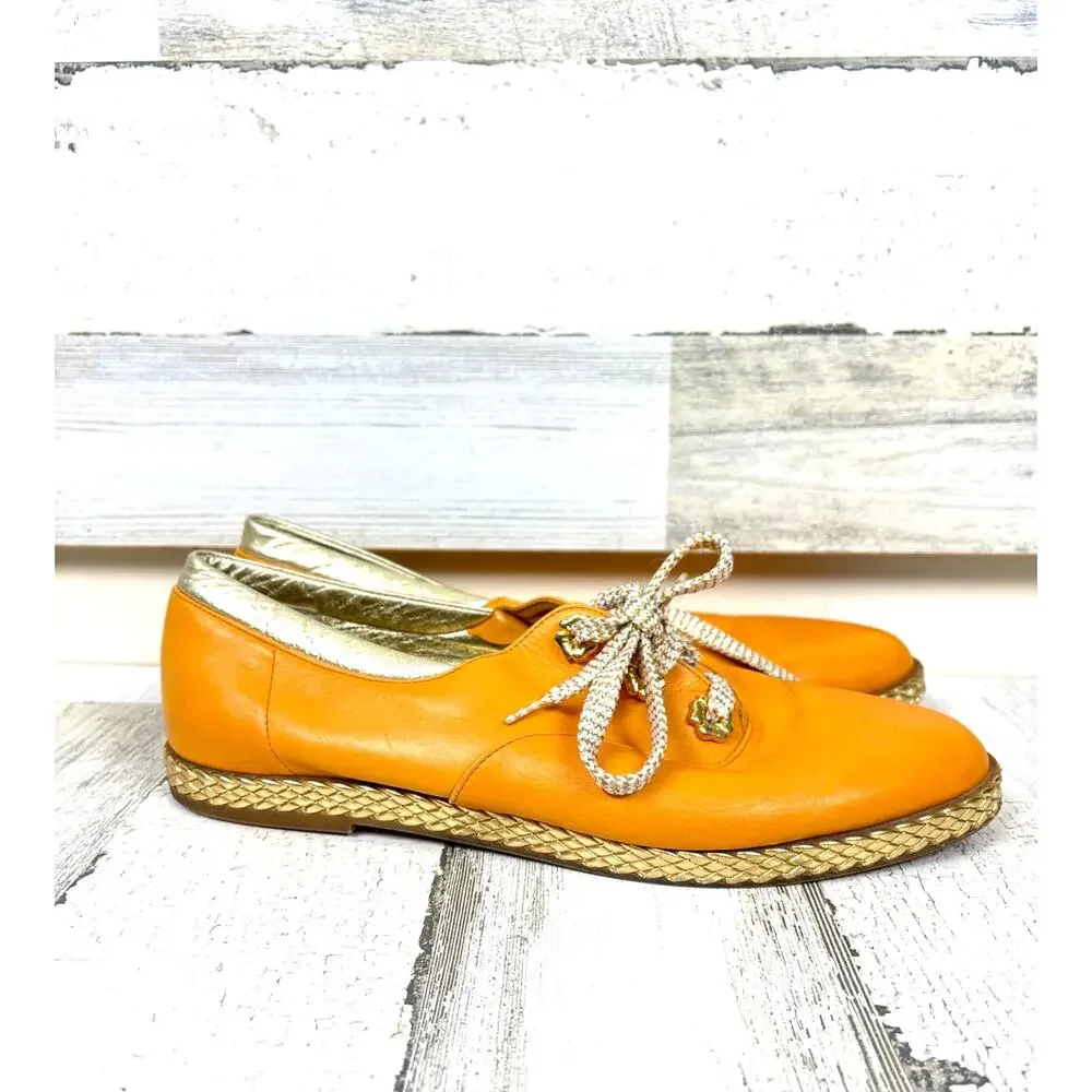 Vintage 1980s Bally Womens 9.5 Mustard Yellow Gold Leather Lace Up Sneakers